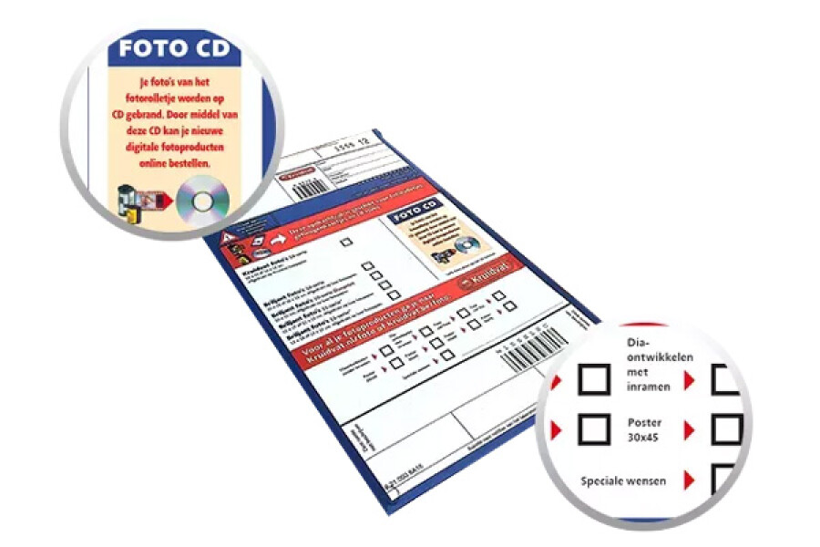 Bestelkaart voor foto's met optie om foto's op cd te zetten en speciale wensen te kiezen zoals poster of dia's inlijsten